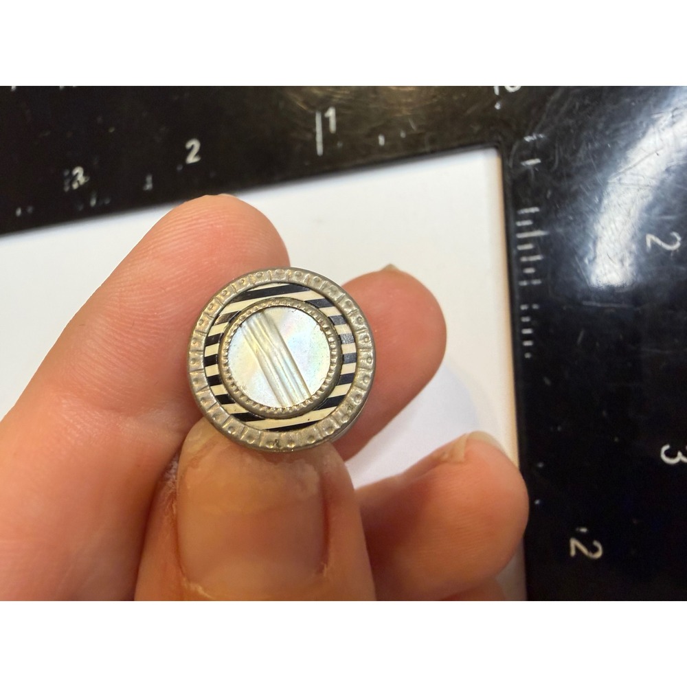 Antique Art Deco Mother of Pearl Black White Enamel Tuxedo Stud Single